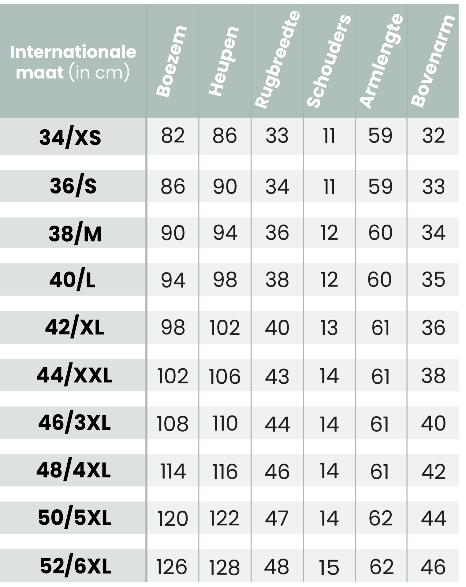 Maattabel Bolero's Bianco Evento