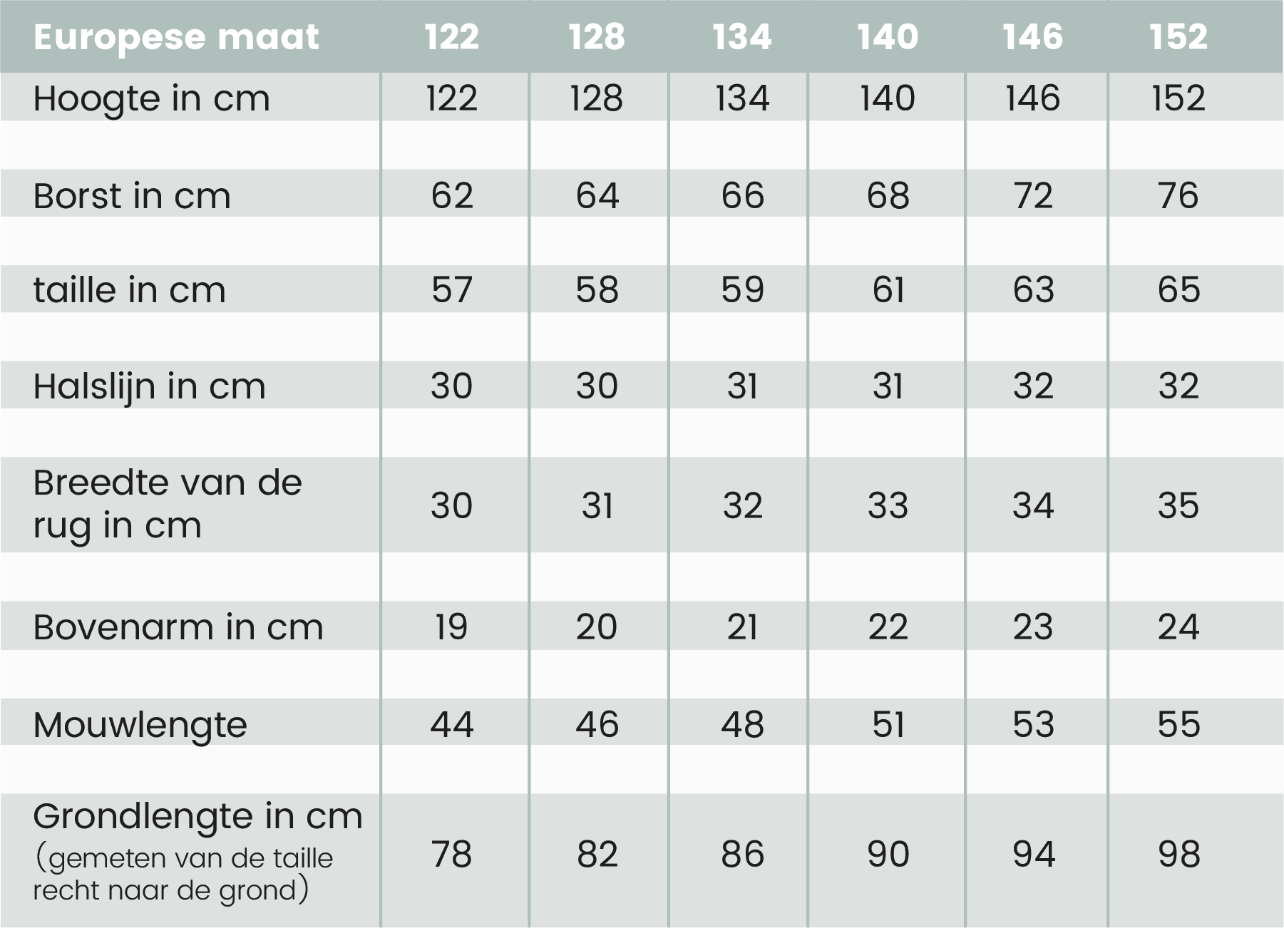Maattabel Communiejurken Bianco Evento