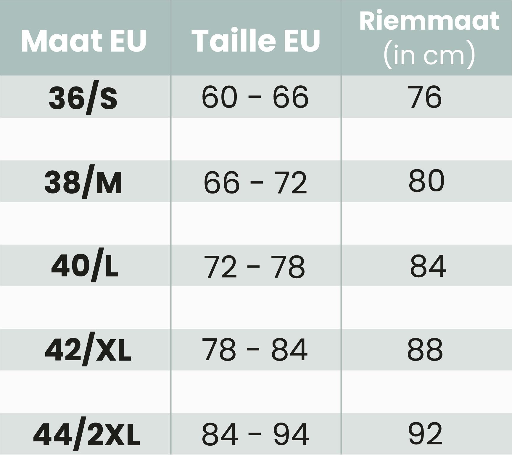 Maattabel riemen Bianco Evento