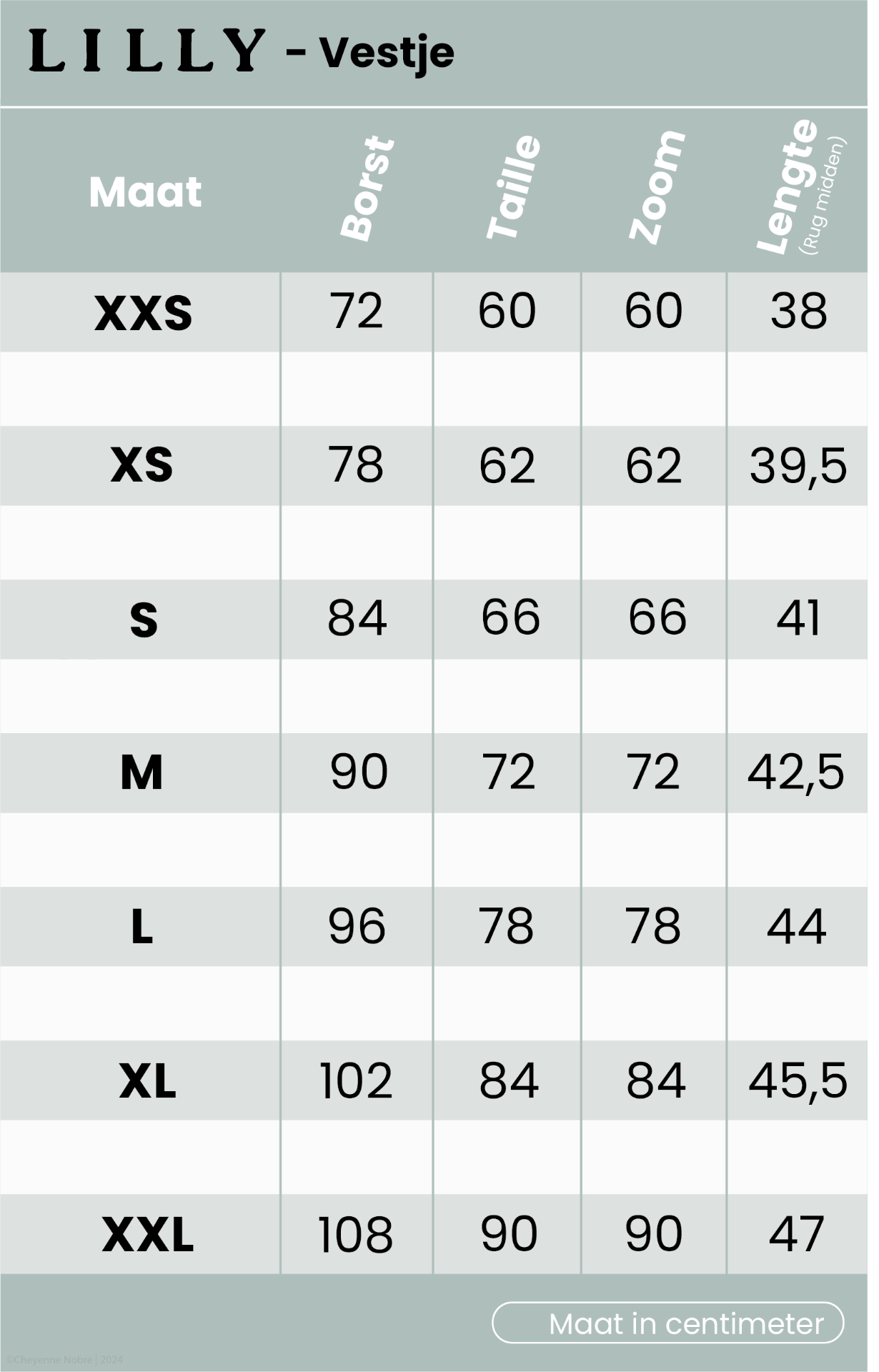 Lilly vestje maattabel