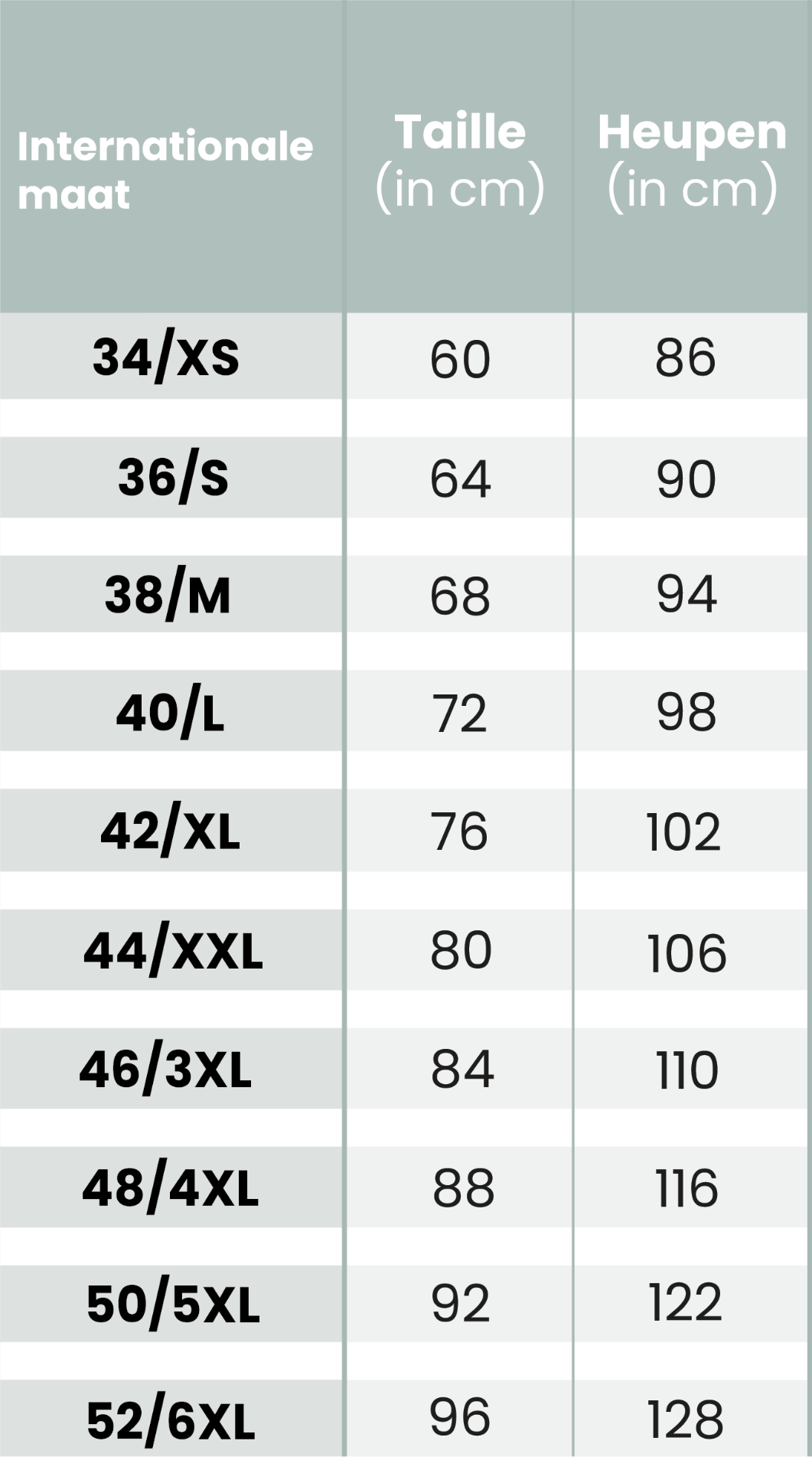 Maattabel Rokken Bianco Evento